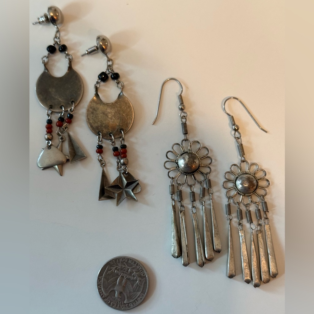 Lot Of 2 Pairs Dangle Statement Earrings Silver And Black